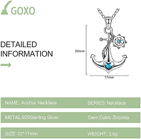 GOXO Anchor Pendant 925 Sterling Silver Blue Ocean Heart Nautical Crystal Necklaces for Women Girls