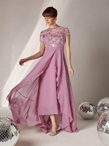 Image of Miss Chase Women's Round Neck Short Sleeve Floral Layered Georgette Midi Dress