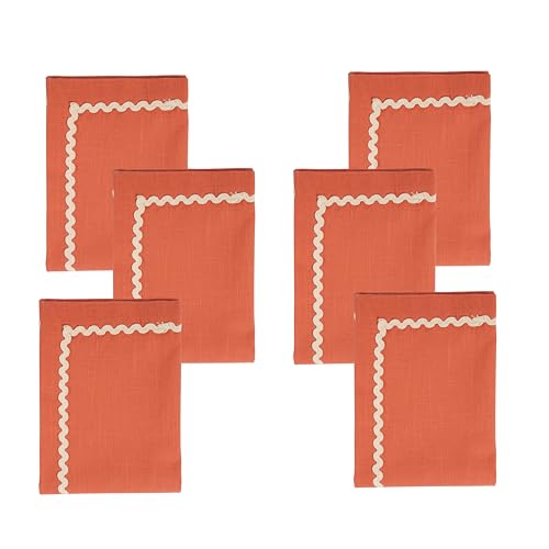Image of FINGERCRAFT Cloth Napkins Set of 6, 18x18 Inch, 100% Cotton Table Napkins with RIC Rac Scallop Lace Trim, Reusable Washable Dinner Napkins for Wedding, Party, Dining & Home Decor (Rust)