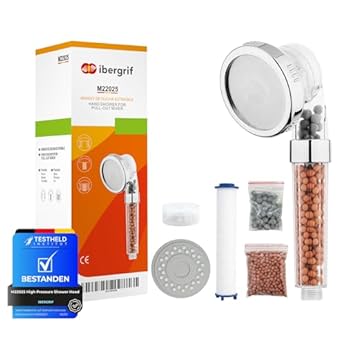 Foto di Ibergrif Soffione Doccia con Filtro Anticalcare 3 Strati - Alta Pressione, 3 Modalità, Risparmio Idrico, Compatibile con Tutti gli Standard, M22025