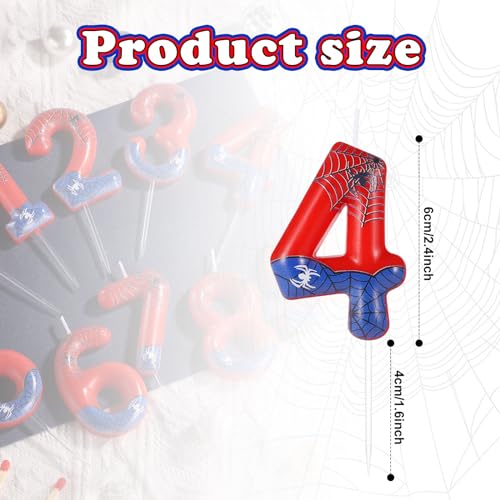 Spider Themed Birthday Candle, Red Blue Spider Web Candle Spider Candle Number Candle Birthday Cake Candle Spider Birthday Decorations for Boys Girls Birthday Cake Party Decoration (4)