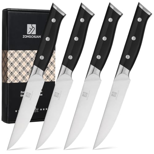Medium Steak Knives Set of 4, 4.5 Inch High-Carbon Stainless Steel Serrated Steak Knife,Ergonomic Black Handles,Razor-Sharp, Dishwasher Safe, Rust-Resistant & Durable,Full Tang With Excellent Gift