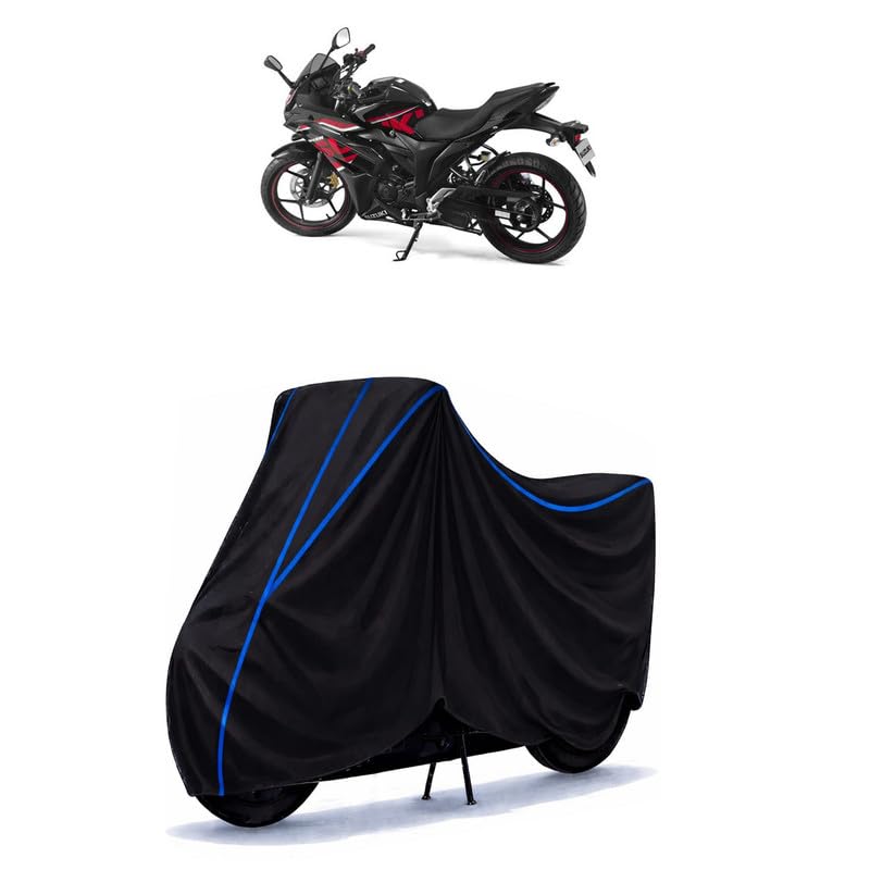 Image of Suzuki sv BS4 Bike Cover Water Resistant Universal Motorcycle Rain | Heavy Duty UV Protection, Dust, Scratch Indoor Outdoor All Weather with Black Blue Piping Elastic