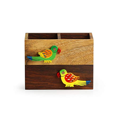 Image of ExclusiveLane 'Birds of A Feather' Cutlery Cum Napkin Holder in Sheesham & Mango Wood - Wooden Cultery Stand Holder Racks for Kitchen Storage & Containers Cutlery Sets Cutlery Holder
