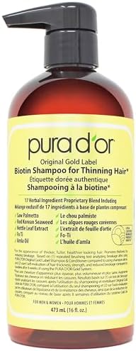 PURA D'OR Original Gold Label Biotin Shampoo for Women & Men with Thinning Hair 473 mL (16 fl oz) Natural Earthy Scent, Herbal Hair Thickening Formula, For Color Treated Hair