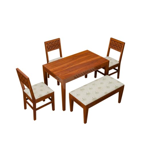 Image of THE WOODEN CITY Solid Sheesham Wood 3 Chair with 1 Bench Dining Table Set with Cushioned Chairs for Dining Room | Living Room | Home & Office | Hotels (4 Seater with Bench, Honey)