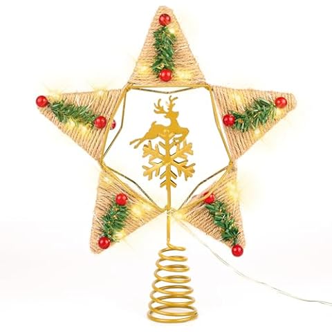 Lotus Hills Rustic Christmas Tree Topper Lighted, 8.3" Star Tree Topper with Reindeer Snowflake Red Berries Pine Needle, Farmhouse Gold Tree Topper with Lights, Battery Operated Burlap Star Tree Top Cover