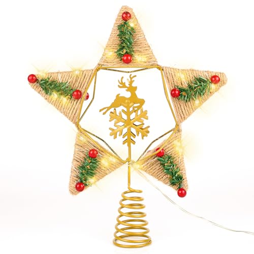 Lotus Hills Rustic Christmas Tree Topper Lighted, 8.3" Star Tree Topper with Reindeer Snowflake Red Berries Pine Needle, Farmhouse Gold Tree Topper with Lights, Battery Operated Burlap Star Tree Top