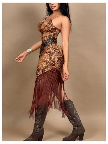 Women's Western Cowgirl Cami Dress Boho Paisley Asymmetrical Fringed Bodycon Midi Dresses 70s Outfits3