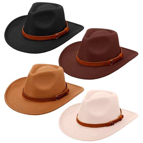 Breathffy 4 Pcs Cowboy Hat Felt Wide Brim Cowgirl Hats with Belt Classic Outdoor Western style for Women Men Adults (Black,Coffee,Camel,Beige)