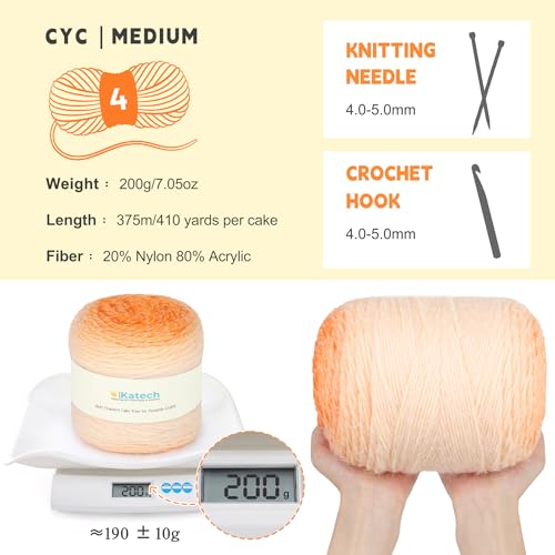 Image of Katech Ombre Yarn for Crocheting-Large Skein of Gradient Yarn Cake-2 Pack of 200g /7.05 oz-80% Acrylic,20% Nylon- #4 Medium-Perfect for Star Blankets, Scarves, Shawls and Garments (H)