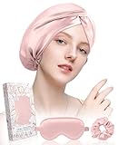 Miss Adola Mulberry Silk Bonnet for Women Sleeping Set 19 Momme Natural Silk Sleep Cap for Hair Care with Eye Mask & Scrunchie Night Cap with Elastic Stay On Head, Light Pink