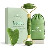 PLANTIFIQUE Jade Gesichtsroller und Gua Sha Stein Set - Natürliches Jade Face Roller & Guasha für Lymphdrainage und Massage Gesicht, Augenroller - Gesichtsmassage Roller
