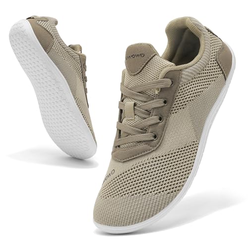 Uwowd Barfuss Schuhe Damen Breite Zehenbox Barfußschuhe Herren mit Zero-Drop-Sohle Leicht Bequem Fitnessschuhe rutschfest Atmungsaktiv Minimalschuhe für Sport Outdoor Alltag Khaki 39