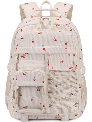 Octsky Linda mochila para adolescentes e mulheres, mochila escolar de veludo cotelê para crianças do ensino fundamental e médio, Bege cereja, 6.88 x 12.4 x 17.71 inches, Clássico