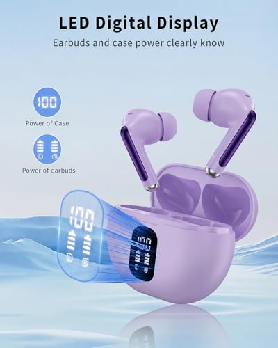 Image of Wireless Earbuds, Bluetooth 5.4 Headphones with 50H Playback, Deep Bass Stereo Ear Buds Clear Calls with LED Power Display, IPX7 Waterproof, in-Ear Earphones with Mic for Phone /Android /iPad, Purple