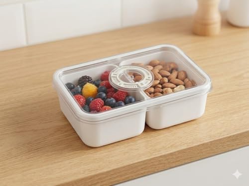 Image of Divided Fridge Storage Box with 2 Compartment | Veggie Tray for Refrigerator Organizer with Lid Handle Removable Containers | Fruit Storage Box Kitchen Organizer
