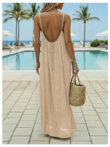 Image of SHENHE Women's Open Back Spaghetti Strap Beach Maxi Dress Loose Flowy Vacation Sundress