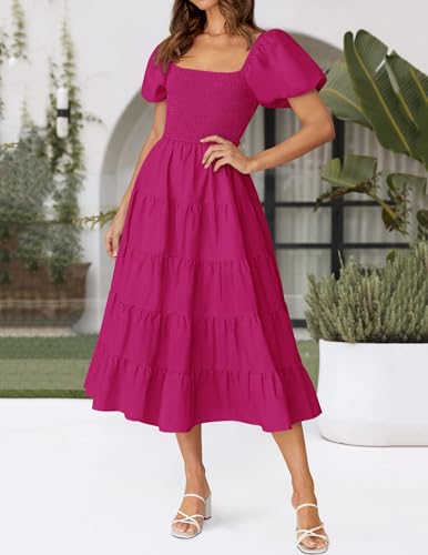 Image of ZESICA Women's 2026 Summer Puff Sleeve Midi Dress 2026 Boho Solid High Waist Flowy Beach Wedding Guest Long Dresses