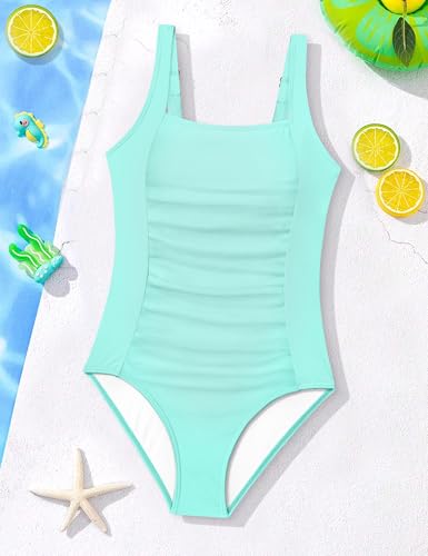 Image of BAVEDER Girls Swimsuit One Piece Swimsuits Solid Ruched Bathing Suit for Girls Full Coverage Modest Padded Swimwear 9-18y