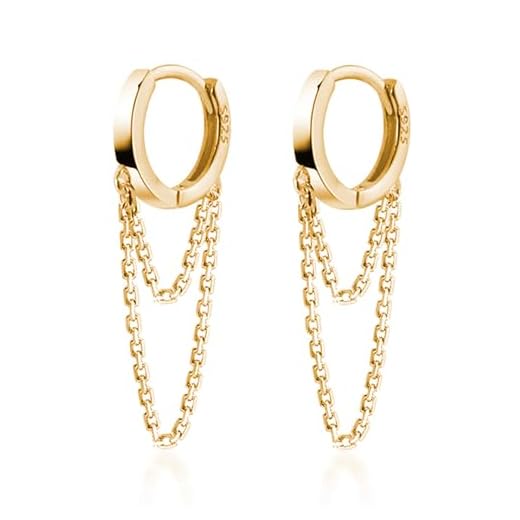 Reffeer 925 Sterling Silver Tassel Chain Drop Dangle Small Hoop Earrings Huggie for Women Teen (C-Gold)