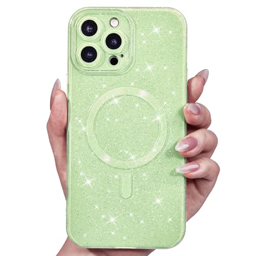 Svanove Glitter Case for iPhone 12 Pro Phone Case Magnetic Compatible with Magsafe, Sparkle Bling Shiny Sparkly Cute Girly Design, Bright Trendy Aesthetic Hard Mag Cover for Women Girls, Sage Green