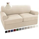 Turquoize 3 Piece T Cushion Loveseat Slipcovers Sofa Cover for 2 Cushion Couch Cover Washable Slipcover Furniture Covers with 2 Individual T Cushion Seat Covers (2 Cushion Loveseat, Biscotti Beige)