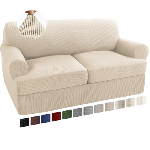 Turquoize 3 Pieces Sofa Covers T Cushion Sofa Slipcovers for 2 Cushion Couch Stretch Couch Cover Soft Sofa Slip Cover Furniture Covers with 2 Individual T Cushion Seat Covers,(Medium, Biscotti Beige)