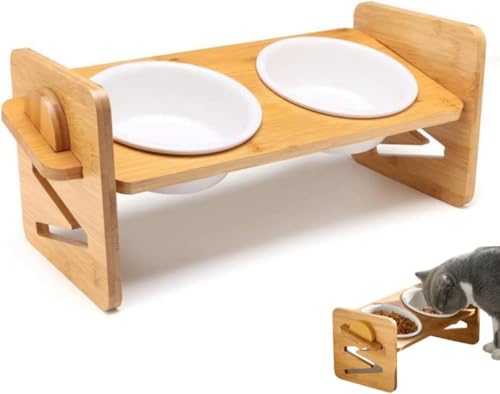 AOBOPO 猫犬用ペットボウル台 高度調整可能竹製スタンド セラミック/陶製フードボウル専用 滑り止め設計で安定 ねこエサ入れ・小型犬食器に対応 ねこご飯台・犬えさ皿スタンド兼用 ねこ給食・犬摂食に最適なペット用品
