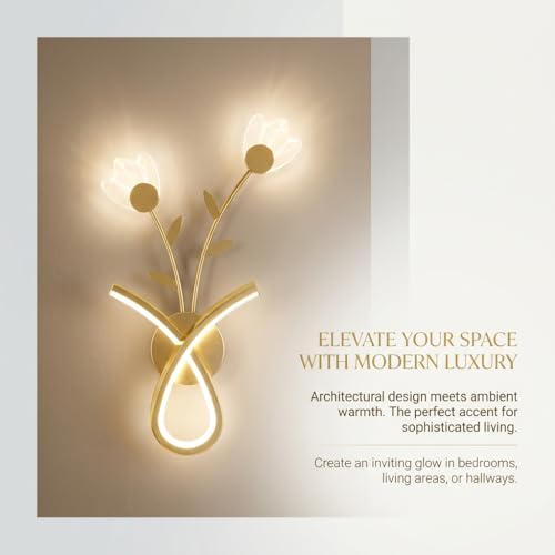 Image of Wall Light 3-Color CCT (Warm + Natural + Cold White) LED Gold Floral Vase Design Metal Acrylic Wall Lamp for Bedroom Living Room