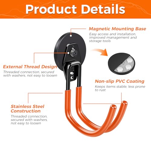 Wukong Große Magnethaken Wandhaken für Garage - Kein Bohren Erforderlich mit 70mm Gummiert Magnete Schwerlast Doppelhaken für Leiter, Stuhl, Schlauch, Fahrrädern, Elektrowerkzeugen Sperrigen