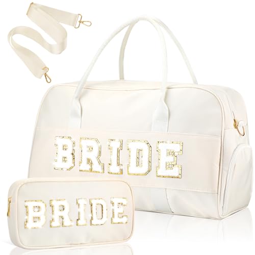 2 Pcs Wedding Weekender Bag Bride Groom Duffle Bag Chenille Letter Patch Travel Bag for Bridal Shower Honeymoon Gift(BRIDE)