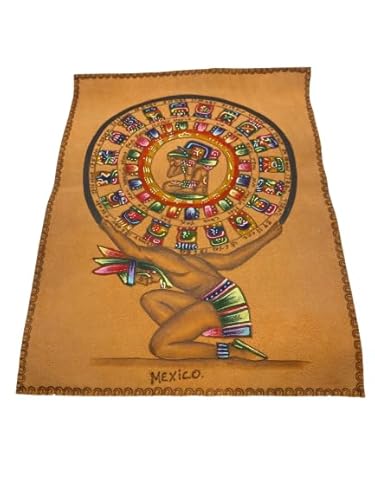 Maya Calendar Wall Art 9 x 13 in Handmade Pakal Palenque Pyrography Painting, Suede Imitation Fabric Decor, Aztec Maya Collectible Souvenir, Mexican Artisan Craft, 1.95 oz