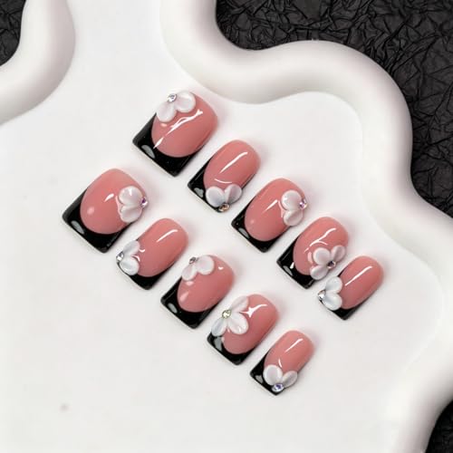 White Flower Press on Nails Handmade Black French Tip Fake Nails with Designs 3D Floral & Rhinestone Accents Short Square Handmade Salon Quality Thick Acrylic Nail Stick on Nails for Women (M） — view 4