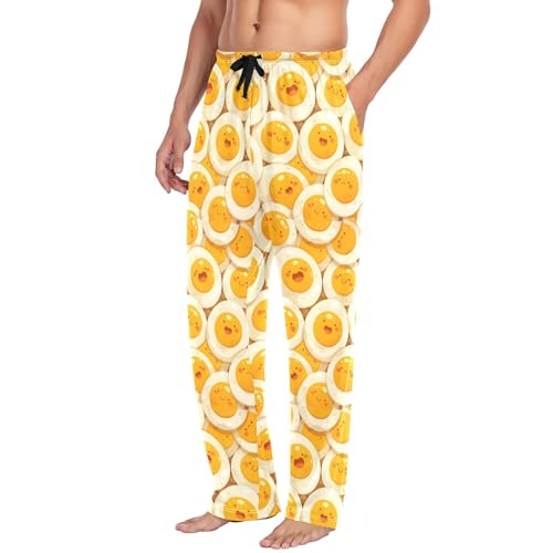 Men's Cartoon Fried Eggs Pajama Pants with Pockets - Straight Fit Cotton Sleep Bottoms for Lounge & Nightwear#7274