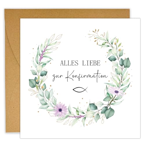 Konfirmationskarten mit Umschlag aus Kraftpapier Premium quadratische Karte Konfirmation Mädchen Junge Klappkarten Glückwunschkarte Eukalyptus