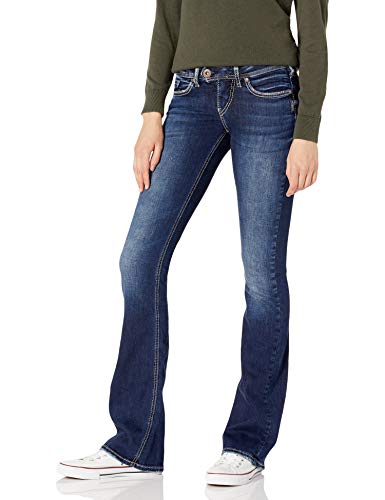 Silver Jeans Women's Tuesday Mid Rise Bootcut Jean, Dark Destroyed Pockets, 25x33