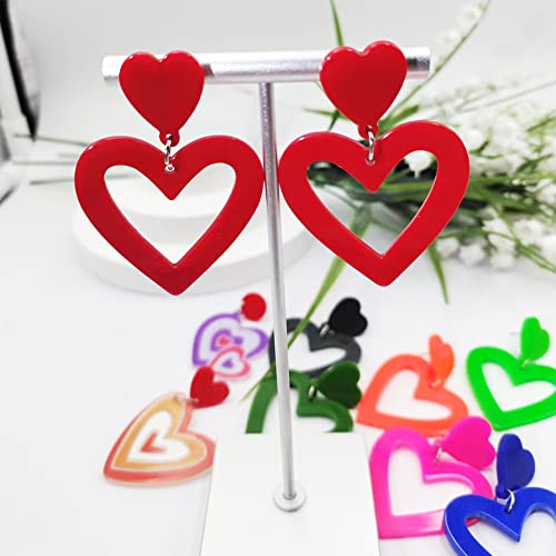 Lkingel Acrylic Red Double Hearted Earrings For Women Hypoallergenic Acrylic Double Hearted Earrings Dangling Water Drops Heart Dangle Earrings Statement Colorful Love Heart Dangle Drop Earrings For Women #TOP5