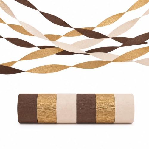 Image of Capesaro 6 Rolls Brown Boho Neutral White Gold Crepe Paper Streamers for Boho Wedding, Birthday, Baby Shower, Bridal Shower, Graduation Party Decor