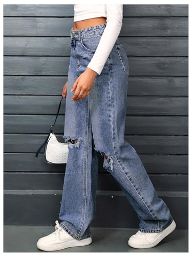 SweatyRocks Women's High Waist Ripped Straight Leg Jeans Boyfriend Style Distressed Denim Pants with Pocket3
