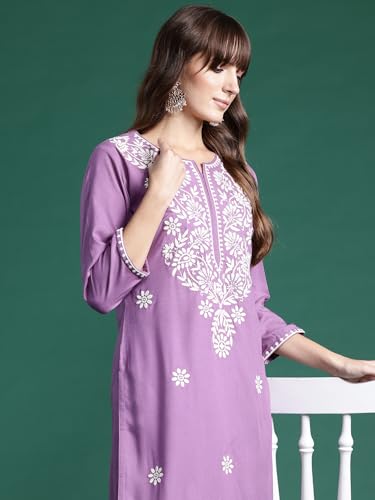 Image of INDO ERA Womens Straight Embroidered Chikankari Kurta