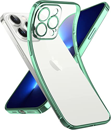 Image of VONZEE Compatible with iPhone 14 Pro Max Case 6.7 inch, Luxury Electroplated Soft Edge Bumper Case, Full Camera Protection & Reinforced Corners Shockproof Case Cover|Transparent|Green