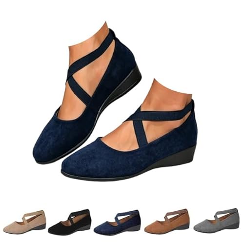 Women's Comfy Elastic Crisscross Strap Wedge Shoes Ballet Flats Toe Low Wedge Heel Slip on Non-Slip Casual Shoes (navy blue,26.0