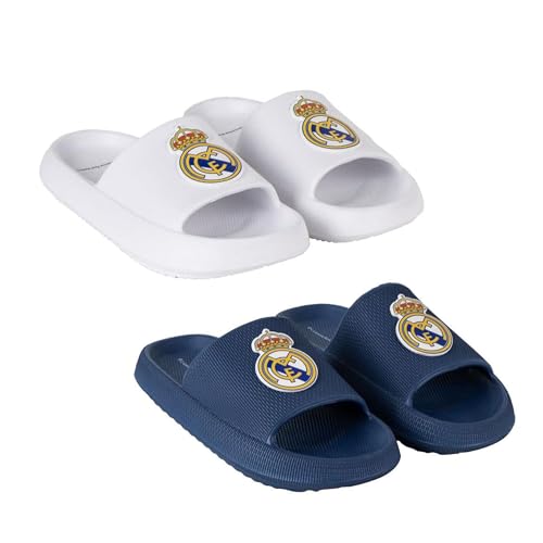 Chanclas Playa EVA Real Madrid para Niños y Adultos, Calzado Oficial Ligero y Antideslizante | Sandalias Verano con Escudo del Club, Tallas Infantiles y Adultas