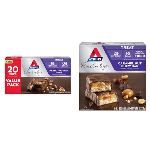 Atkins Endulge Peanut Butter Cups, Dessert Favorite, Low Carb, 0g Sugar, 20 Count & Endulge Caramel Nut Chew Bar, Dessert Favorite, 1g Sugar, Good Source of Fiber, 5 Count - image 1