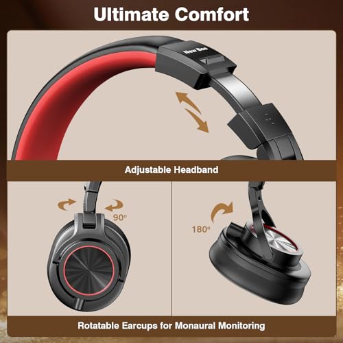 Image of New Bee Studio Headphones, Wired Headphones with 50mm Drivers, Professional DJ Headphones for Recording Mixing Podcast Guitar Piano, 210g Ultra-Lightweight Design, 3.5 /6.35mm Jack, Red Black