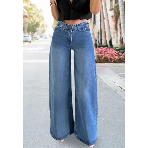Image of Women's Straight Leg Jeans High Waisted Wide Leg Stretchy Baggy Denim Pants