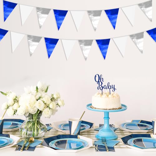 Image of 65FT Navy Blue White Silver Glitter Triangle Pennant Banner Flag Metallic Bunting Fabric Garland for Christmas Graduation Wedding Bridal Shower Nautical Ahoy Achor Theme Party Decorations Supplies