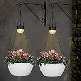 SUNNYPARK 2 Packs Hanging Planters Basket for Outdoor Plants, Solar Powered Self Watering White Round Plastic Flower Pots with Drainer for Balcony Patio Garden Outdoor Decoration
