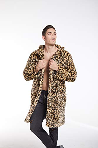 Image of UMREN Mens Warm Leopard Faux Fur Coats Jacket Long Luxury Overwear Parka Cardigans